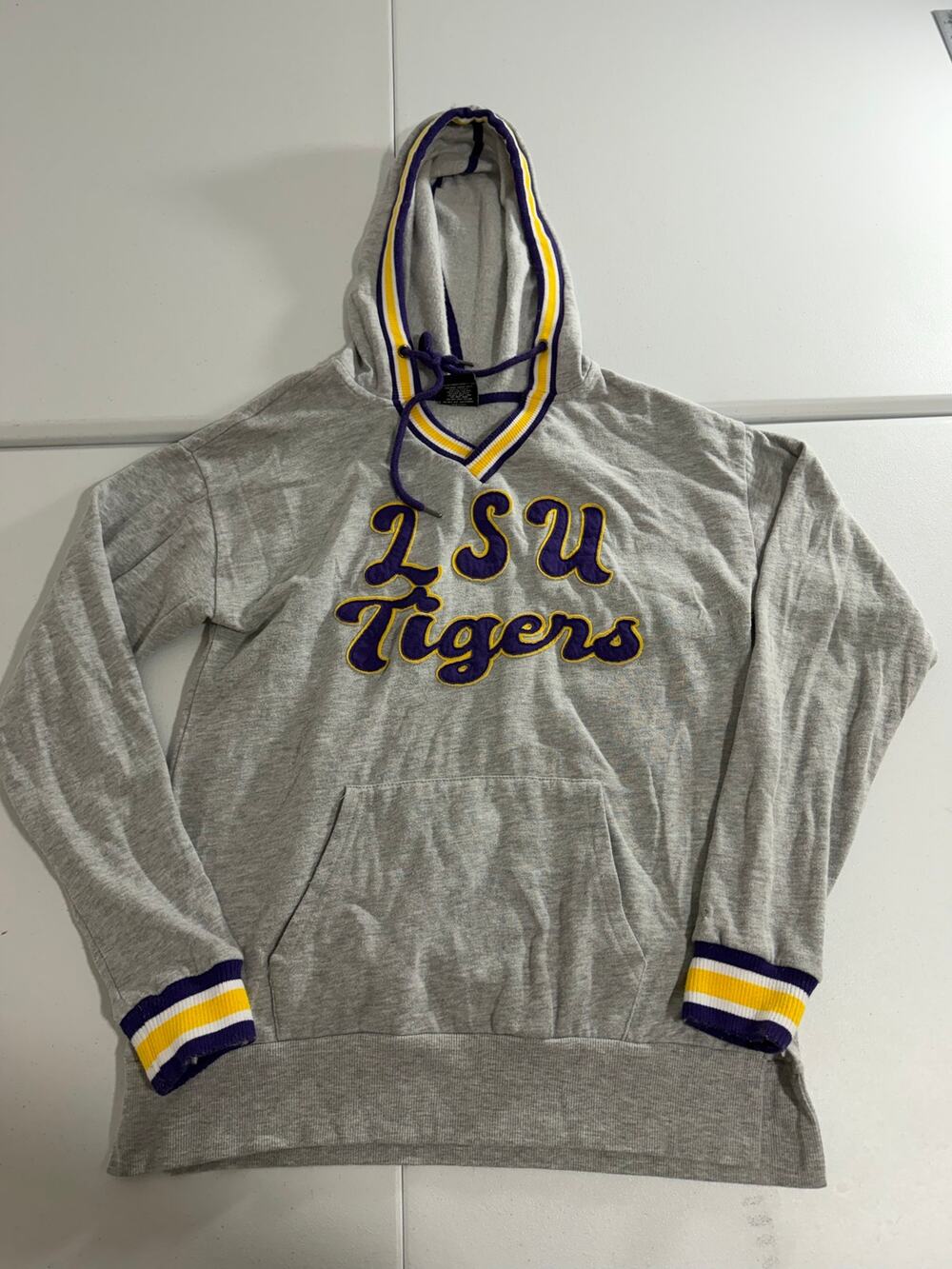 LSU Tigers Hoodie Women’s Medium Colosseum Gray V-Neck Striped Trim